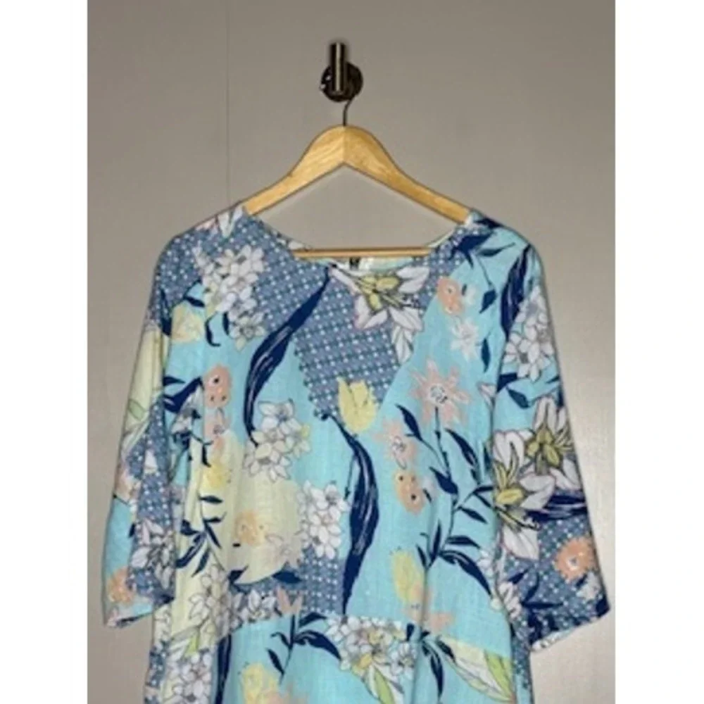 Malvin Linen Floral Shift Dress Blue Pockets Summer Cottagecore M - Picture 3 of 5